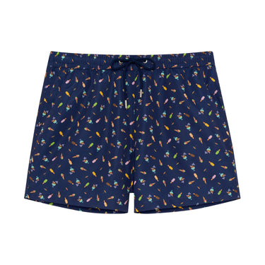 Navy shorts with colorful geometric pattern on a white background